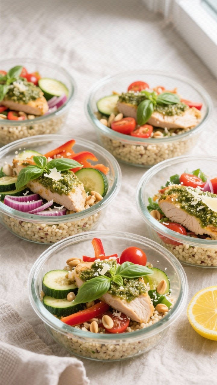 Final dish, tasty top view: Overhead shot of High Protein Pesto Chicken Meal Prep Bowls arranged in 