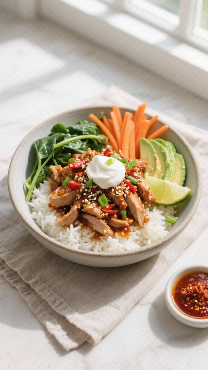 Final dish, tasty top view: Overhead shot of High Protein Spicy Turkey Rice Bowl—fluffy jasmine ri