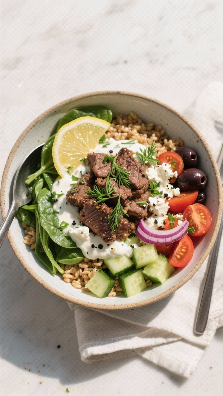 Final dish, tasty top view: Overhead shot of High Protein Mediterranean Beef Bowls beautifully assem