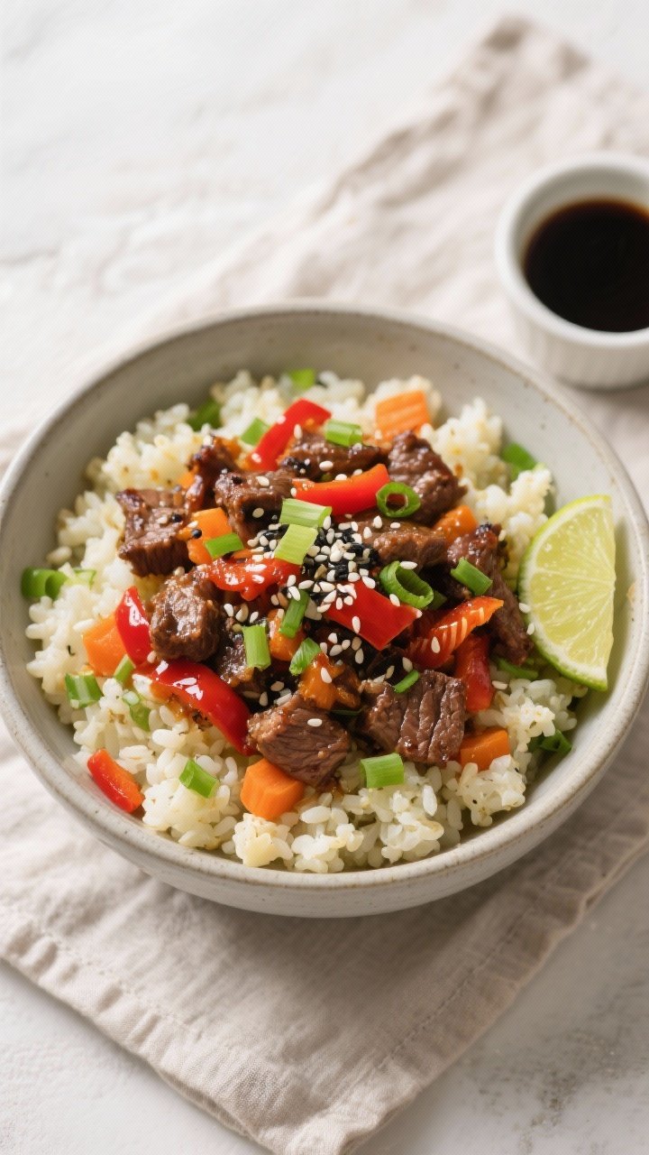 Final dish, tasty top view: Overhead shot of High Protein Beef & Cauliflower Rice Bowls, fluffy caul