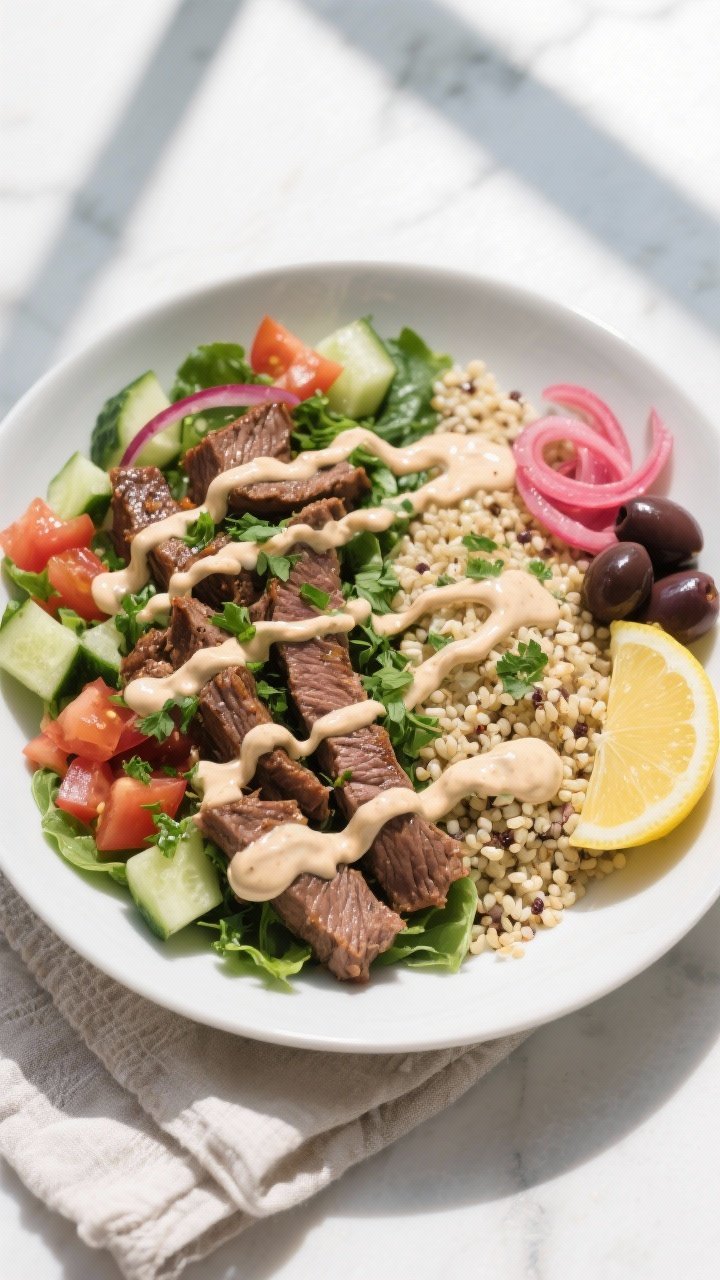 Final dish, tasty top view: Overhead shot of High Protein Beef Shawarma Protein Plate arranged in a 