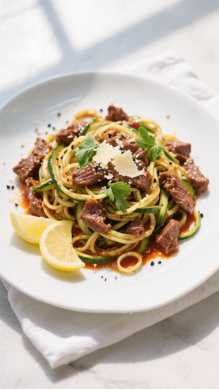Final dish, tasty top view: Overhead shot of High-Protein Beef & Zucchini Noodles twirled into nests