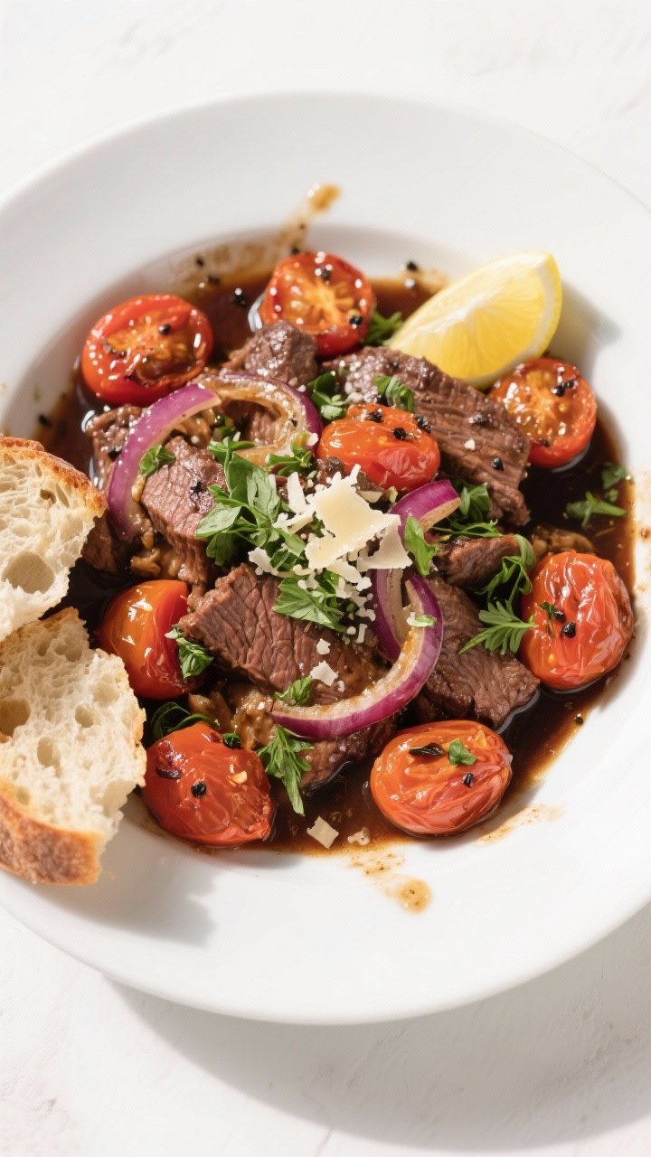 Final dish, tasty top view: Overhead shot of Italian Herb Beef & Roasted Tomatoes plated family-styl