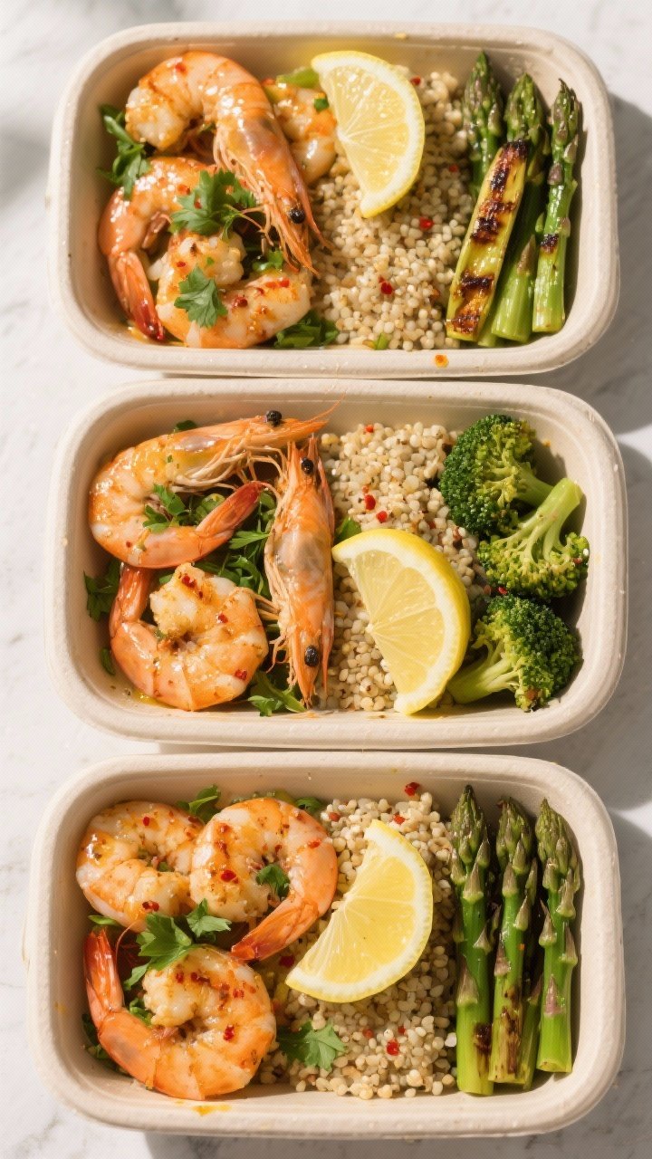 Final dish, tasty top view: Overhead shot of lemon garlic shrimp meal prep containers neatly arrange