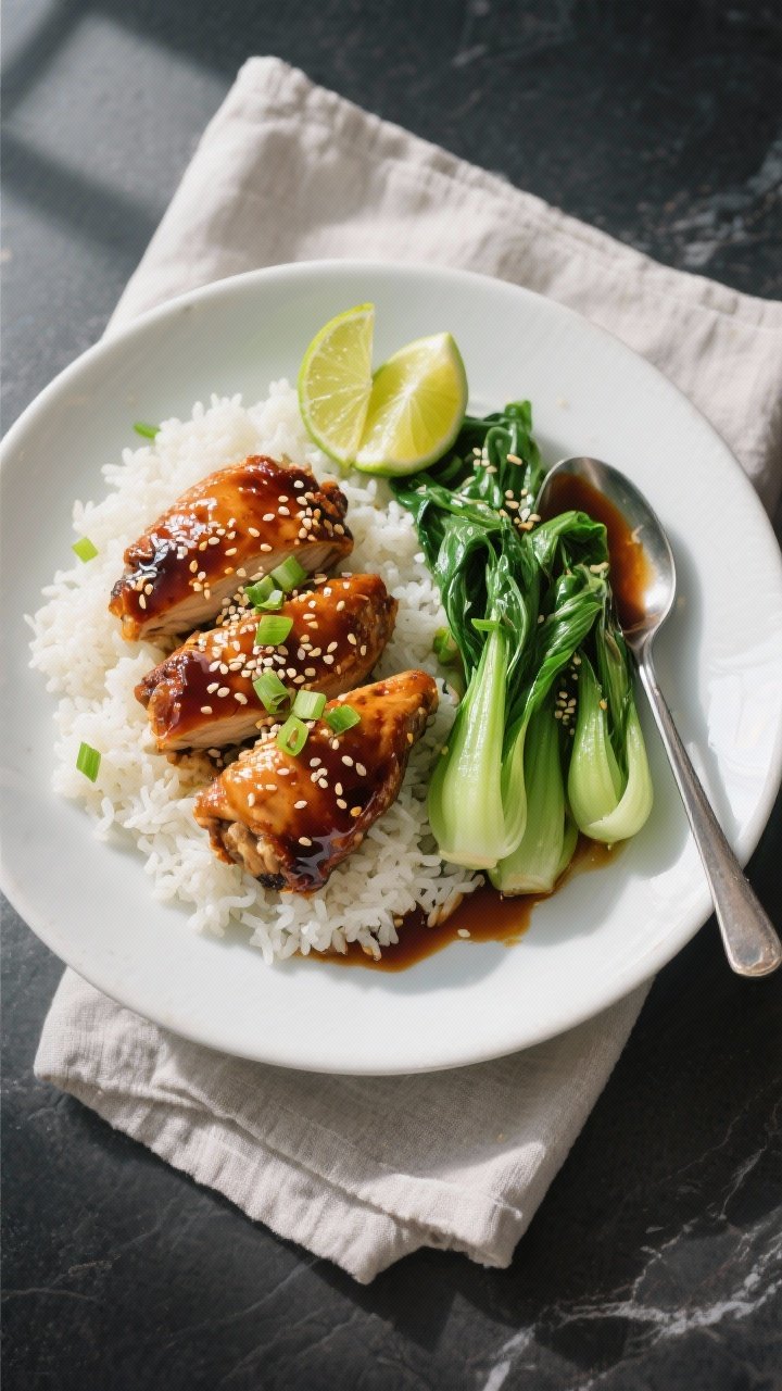 Final dish, tasty top view: Overhead shot of low-sugar teriyaki chicken thighs plated over fluffy st