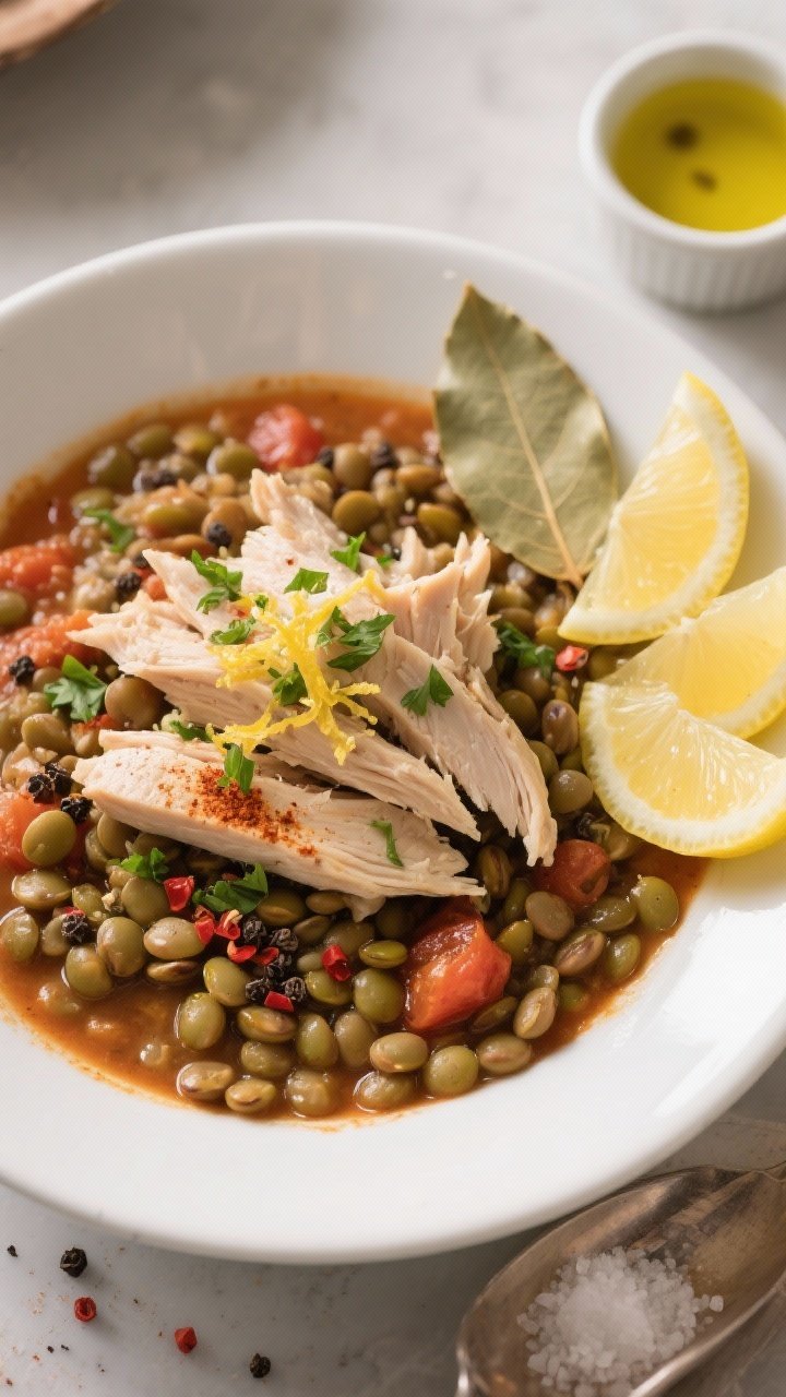 Final dish, tasty top view: Overhead shot of one-pot lentils and chicken plated in a wide white bowl