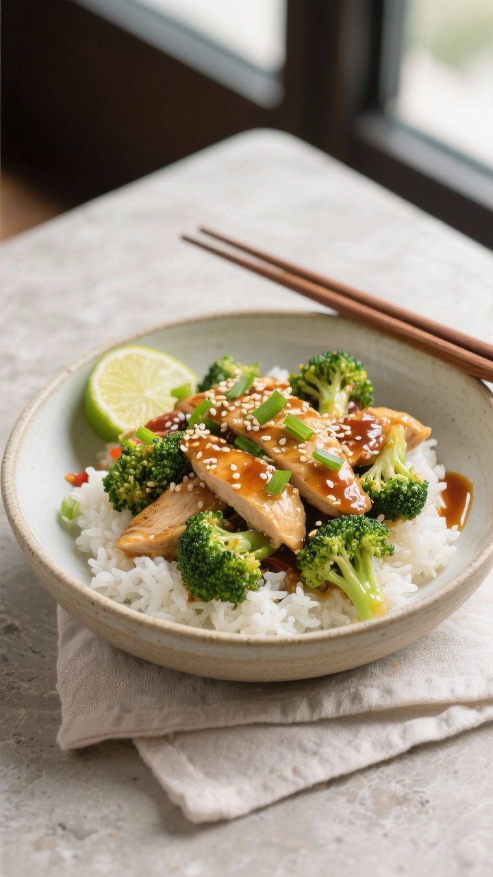 Final dish, tasty top view: Overhead shot of plated Chicken Broccoli Stir Fry over fluffy white rice
