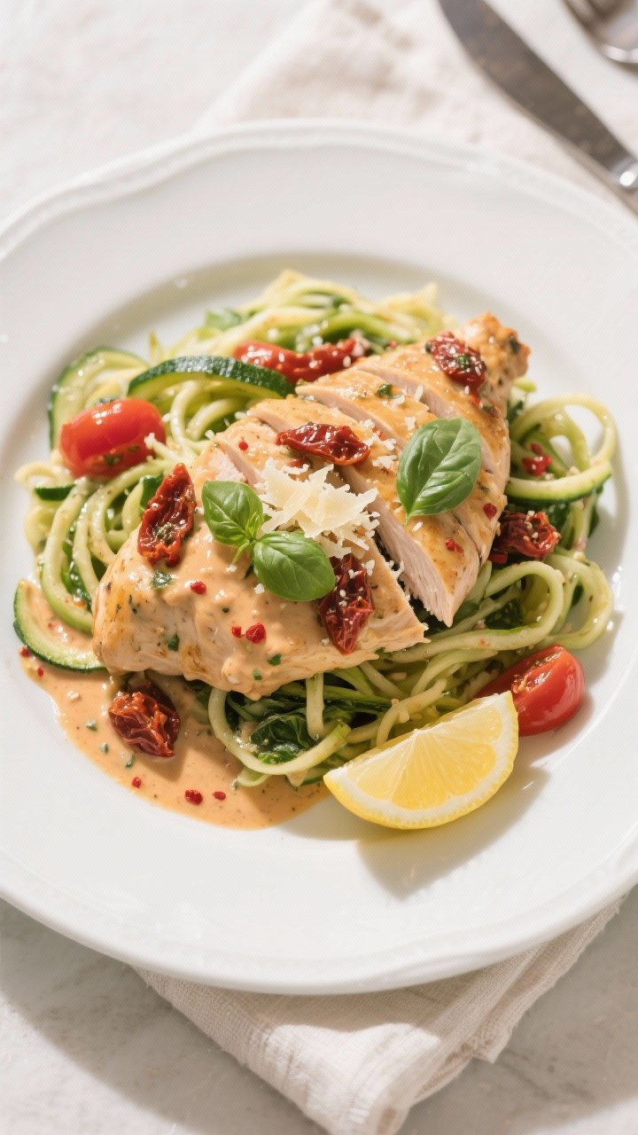 Final dish, tasty top view: Overhead shot of Skinny Creamy Tuscan Chicken plated on a wide white rim