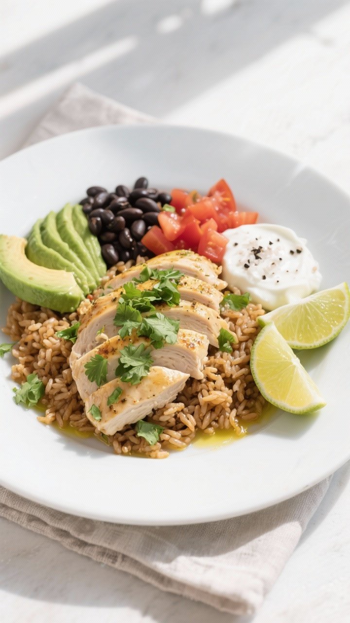 Final dish, tasty top view: Overhead shot of sliced cilantro lime chicken arranged over fluffy brown