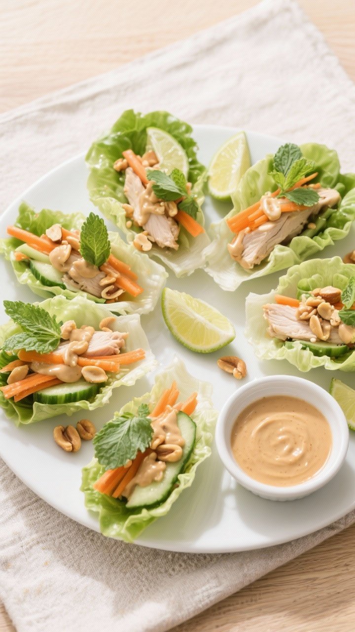 Final dish, tasty top view: Overhead shot of Thai Peanut Chicken Lettuce Wraps arranged in a loose c