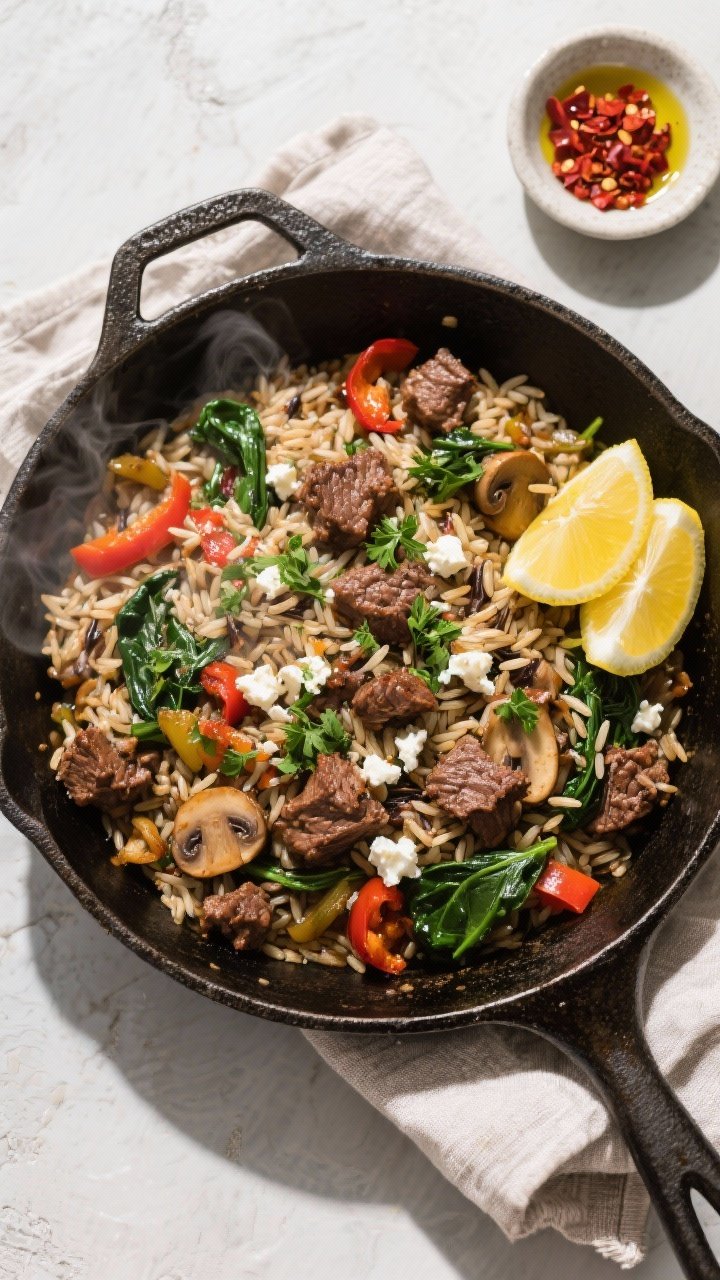 Final dish, tasty top view: Overhead shot of the finished Clean Beef & Wild Rice Skillet served fami