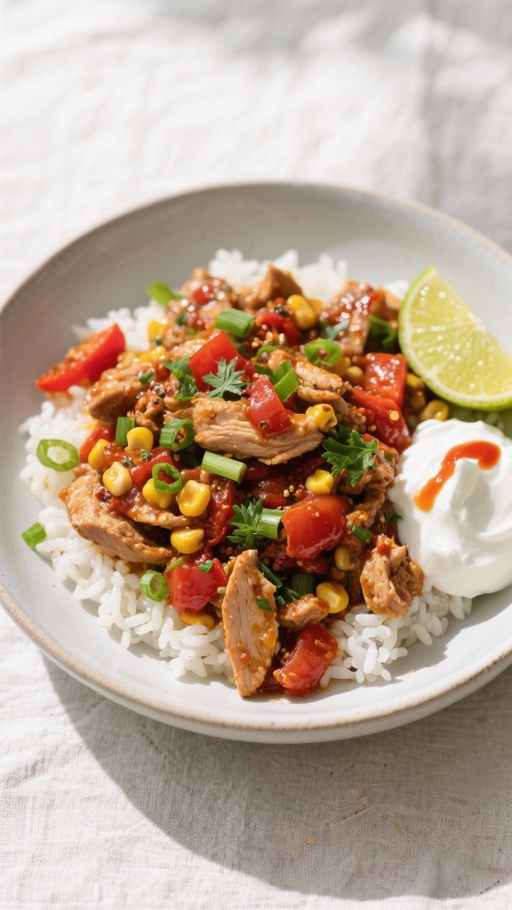 Final dish, tasty top view: Overhead shot of the finished High Protein Spicy Cajun Turkey Skillet se
