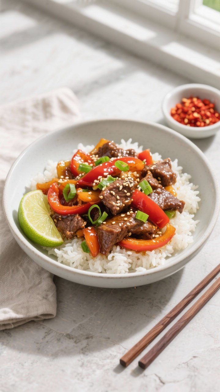 Final dish, tasty top view: Overhead shot of the finished High Protein Beef & Bell Pepper Stir Fry s