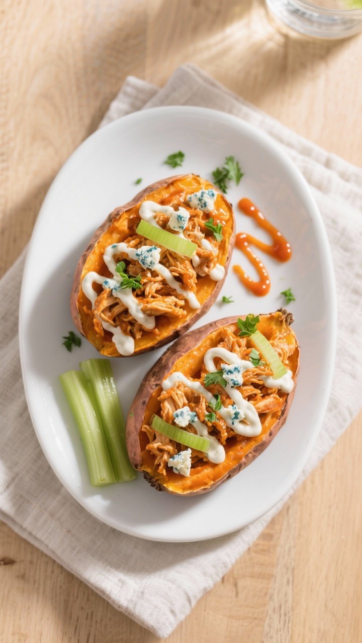 Final dish, tasty top view: Overhead shot of two buffalo chicken stuffed sweet potatoes plated on a 