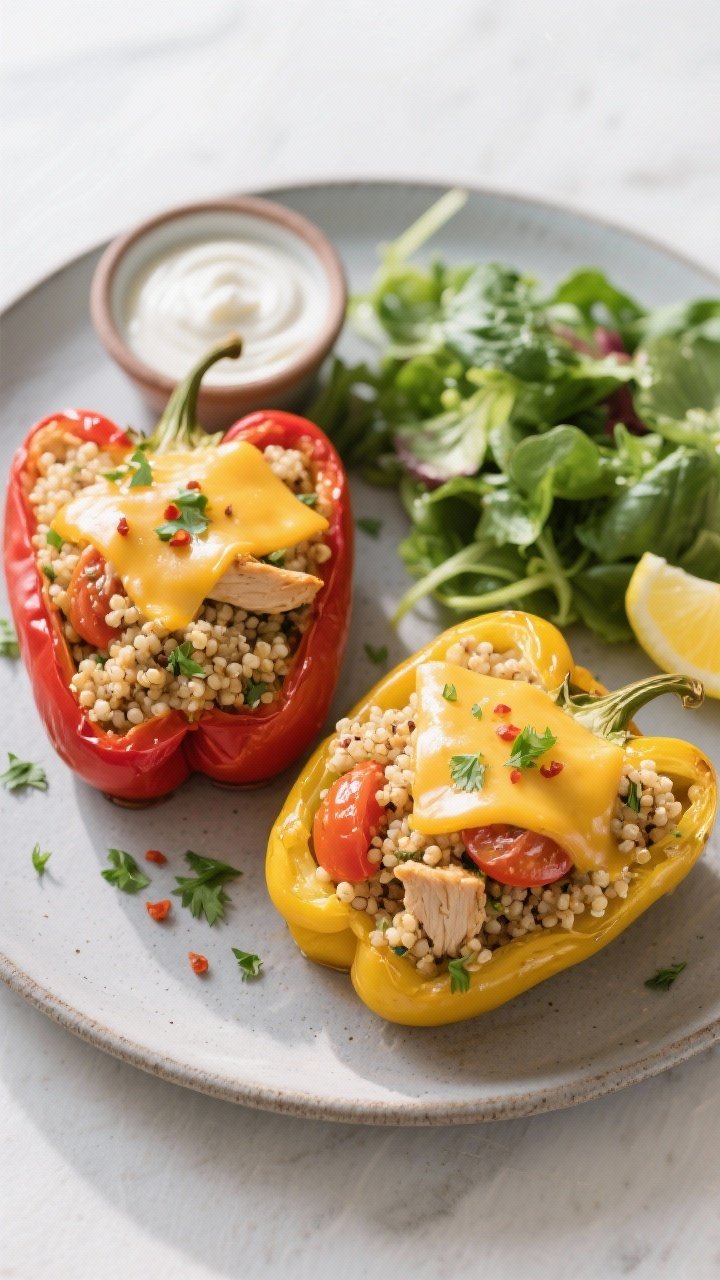 Final dish, tasty top view: Overhead shot of two Chicken & Quinoa Stuffed Peppers plated for serving