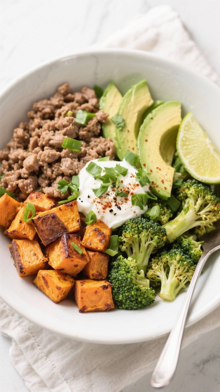 Final dish, top-down bowl: Overhead shot of Ground Turkey Sweet Potato Protein Bowl arranged in quad