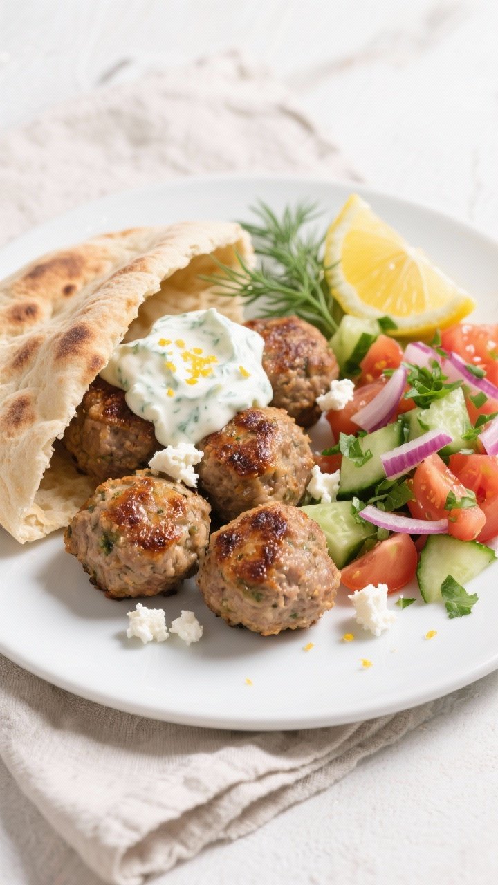 Final dish, top view: Overhead shot of a Mediterranean platter of baked Greek turkey meatballs tucke