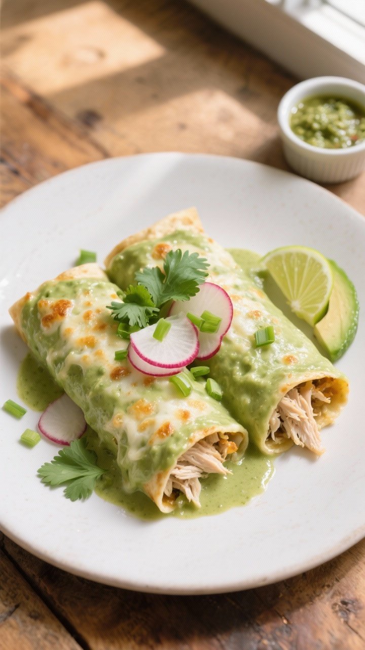 Final dish, top view: Overhead shot of a plated serving of light green chile chicken enchiladas, two