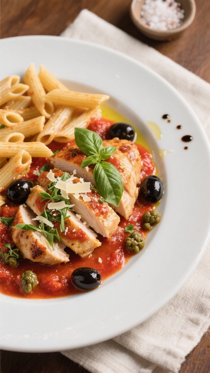 Final dish, top view: Overhead shot of beautifully plated Mediterranean Tomato Basil Chicken on a wi