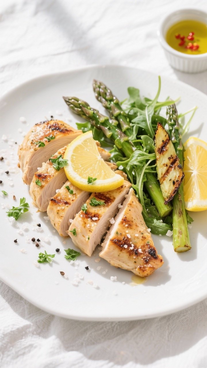 Final dish, top view: Overhead shot of beautifully plated Grilled Lemon Herb Chicken sliced and fann