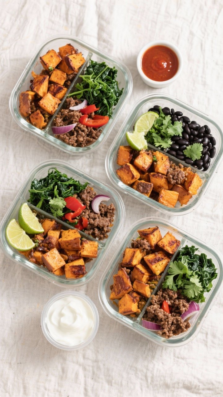 Final dish, top view: Overhead shot of Beef & Sweet Potato Meal Prep Bowls neatly arranged in four g