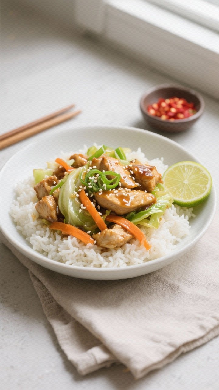 Final dish, top view: Overhead shot of Chicken Cabbage Stir Fry served over fluffy steamed jasmine r