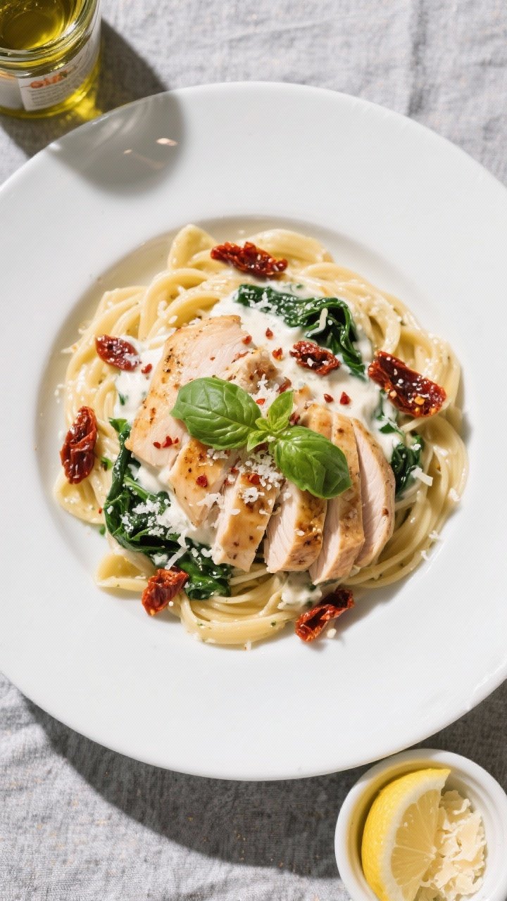Final dish, top view: Overhead shot of Creamy Sun-Dried Tomato Chicken plated restaurant-style—sli