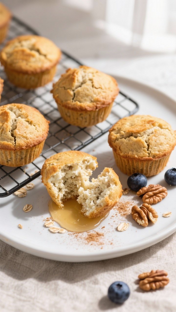 Final dish, top view: Overhead shot of freshly baked high-protein cottage cheese muffins on a coolin