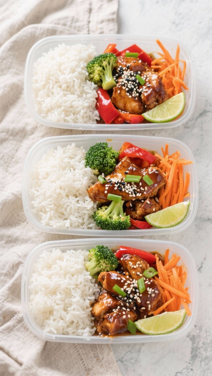 Final dish, top view: Overhead shot of Ginger Sesame Chicken Meal Prep Bowls neatly arranged in four