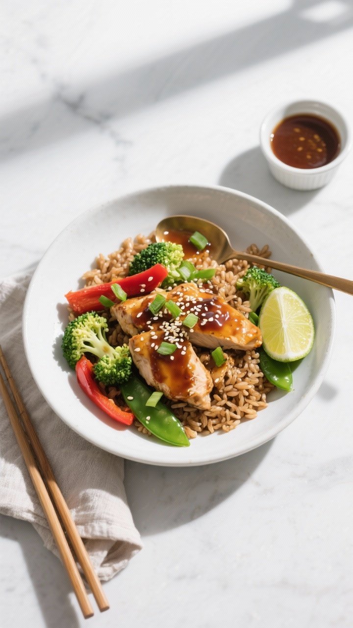 Final dish, top view: Overhead shot of Healthy Chicken Teriyaki Skillet spooned over fluffy brown ri