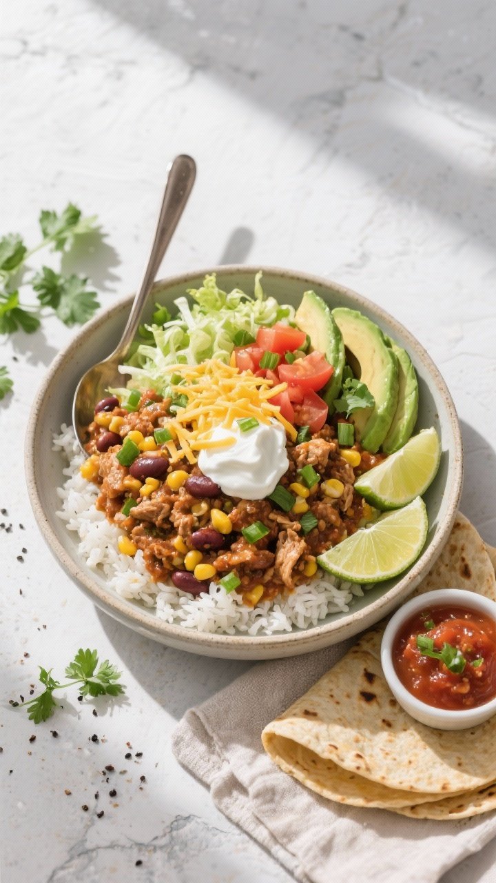 Final dish, top view: Overhead shot of Healthy High Protein Turkey Taco Skillet served as vibrant ta