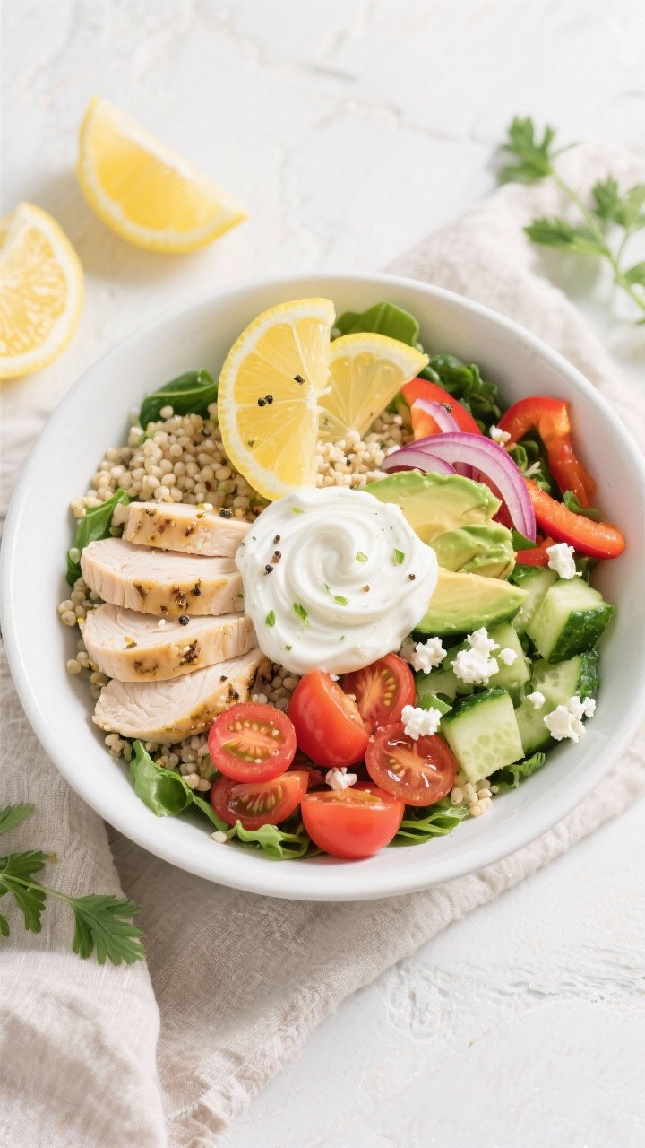Final dish, top view: Overhead shot of Healthy High Protein Lemon Garlic Chicken Bowls fully assembl
