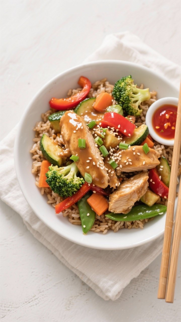 Final dish, top view: Overhead shot of Healthy High Protein Chicken Stir Fry served over fluffy brow