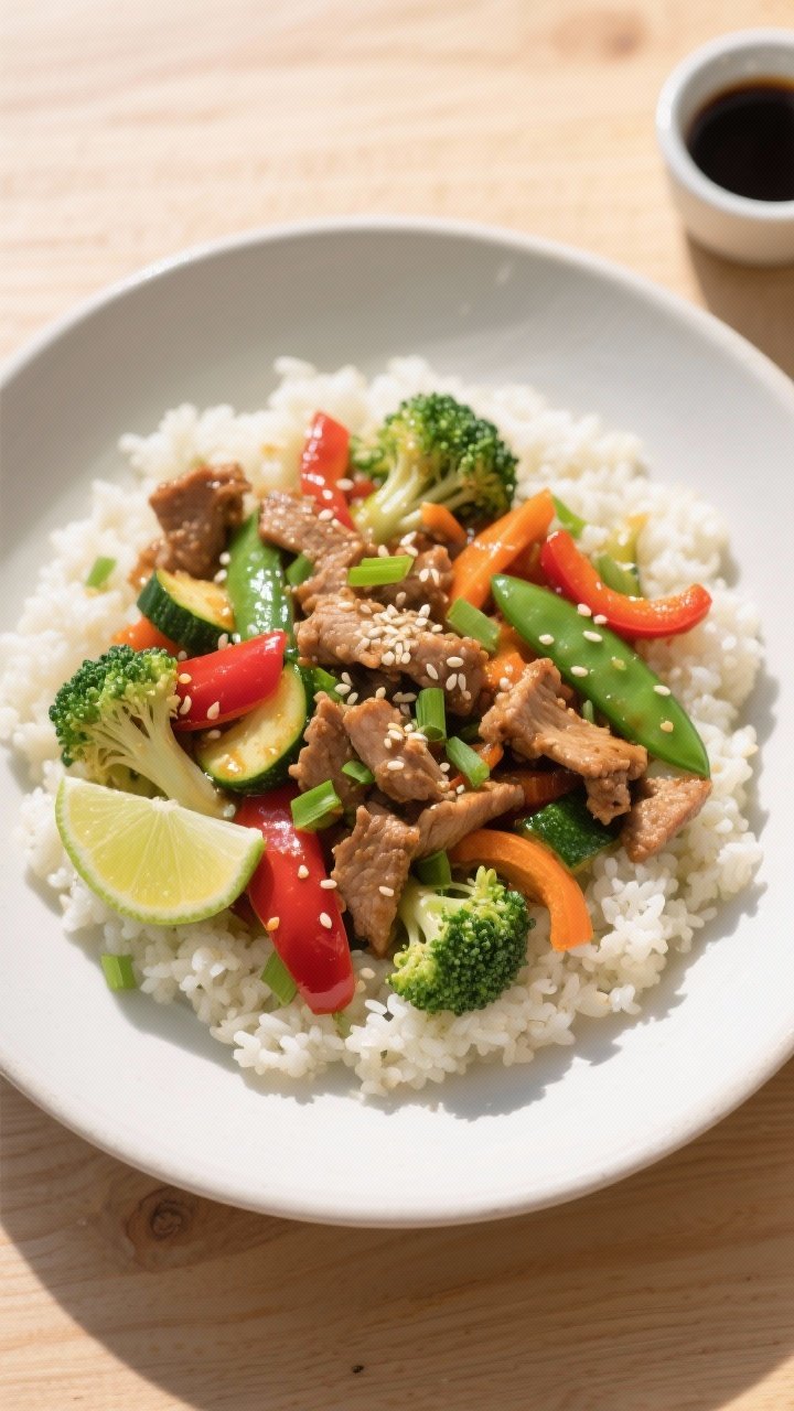 Final dish, top view: Overhead shot of Healthy Low Calorie Turkey & Veggie Stir Fry plated in a wide