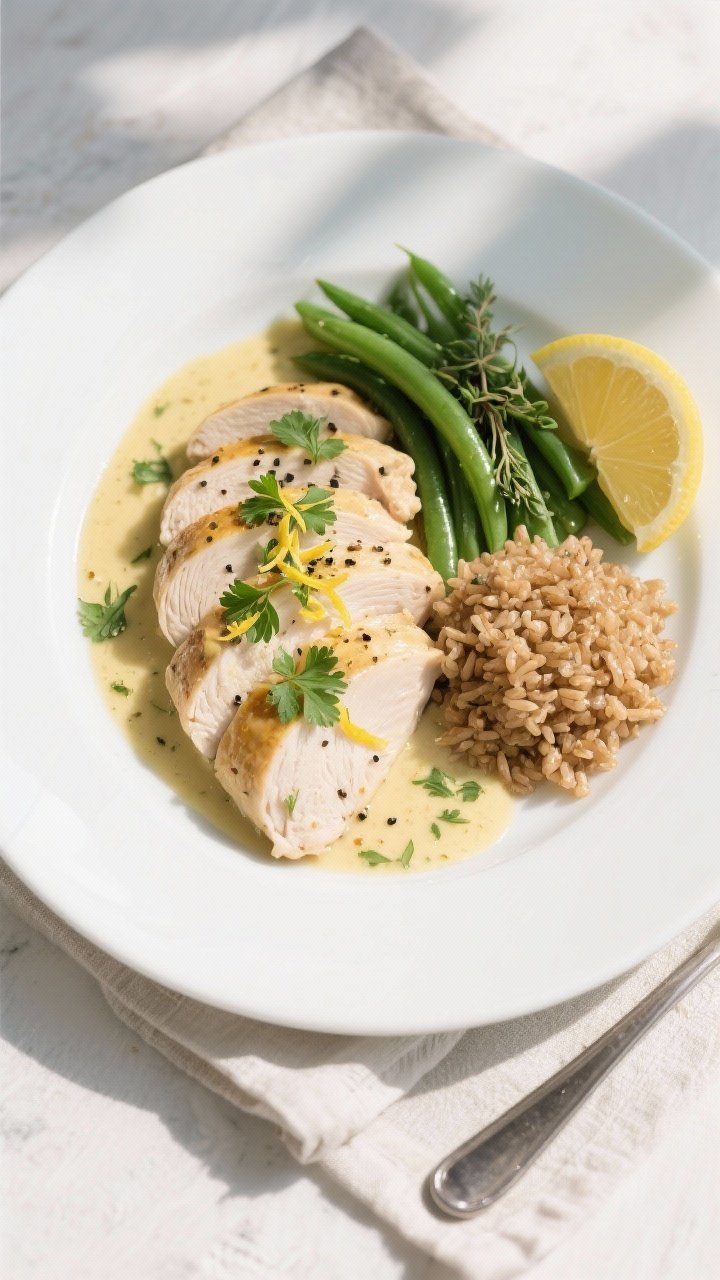 Final dish, top view: Overhead shot of Healthy Low Calorie Creamy Dijon Chicken plated on a wide whi