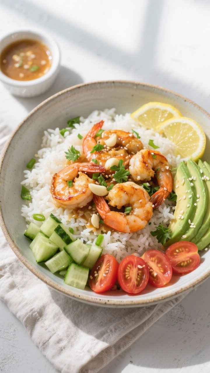 Final dish, top view: Overhead shot of High Protein Garlic Shrimp & Rice Bowl—fluffy jasmine rice 