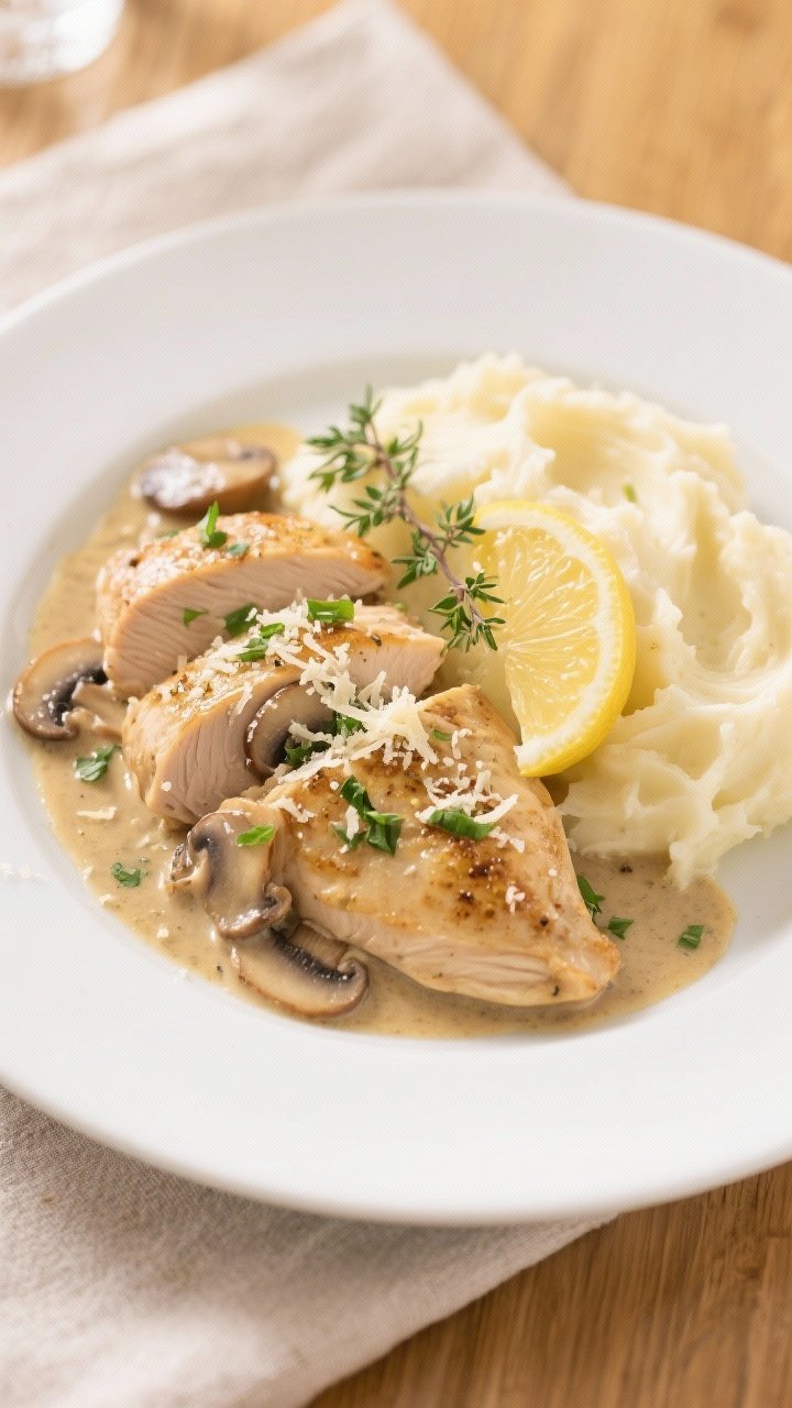 Final dish, top view: Overhead shot of High Protein Creamy Mushroom Chicken plated on a wide white r