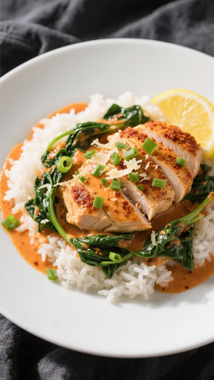 Final dish top view: Overhead shot of High Protein Creamy Cajun Chicken plated over fluffy white ric