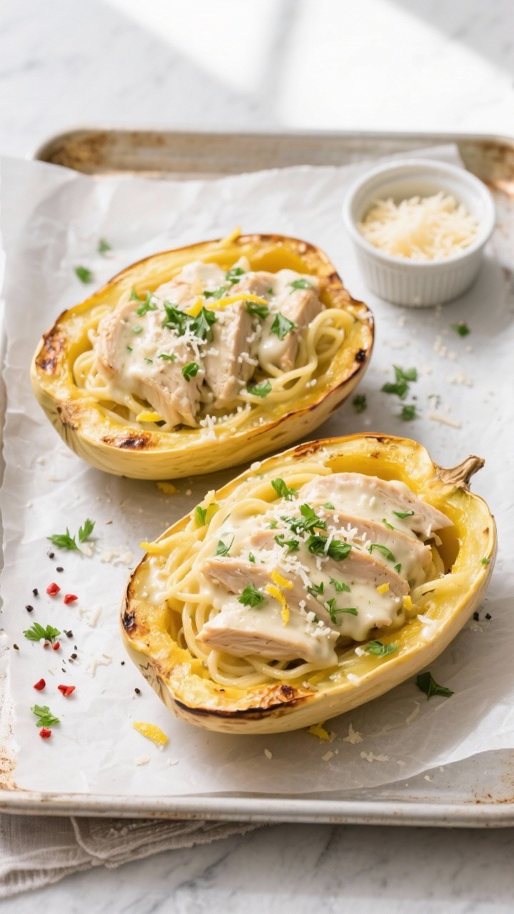 Final dish top view: Overhead shot of Lightened-Up Chicken Alfredo Spaghetti Squash served back in r