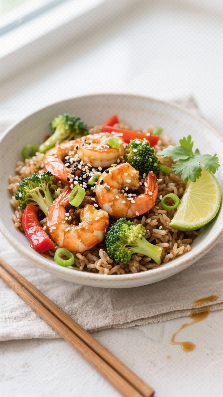 Final dish, top view: Overhead shot of sesame ginger shrimp bowl served over fluffy brown rice, shri
