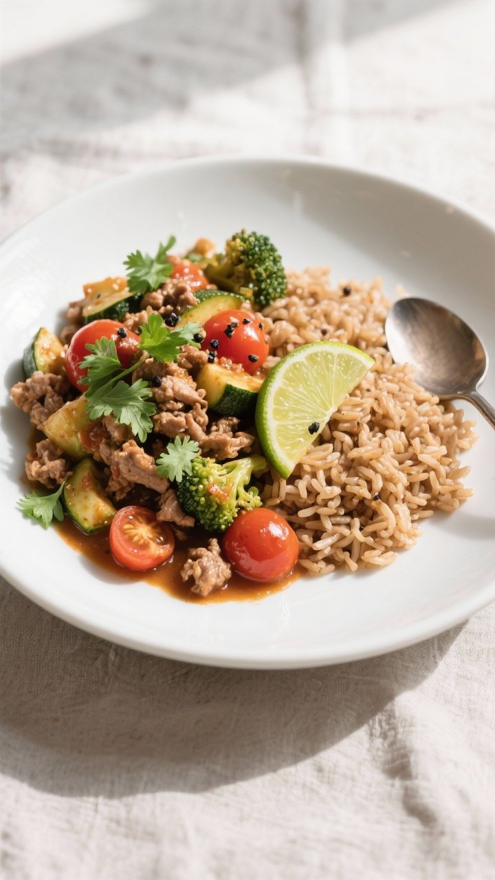 Final dish, top view: Overhead shot of the Healthy High Protein Ground Turkey Skillet plated in a wi