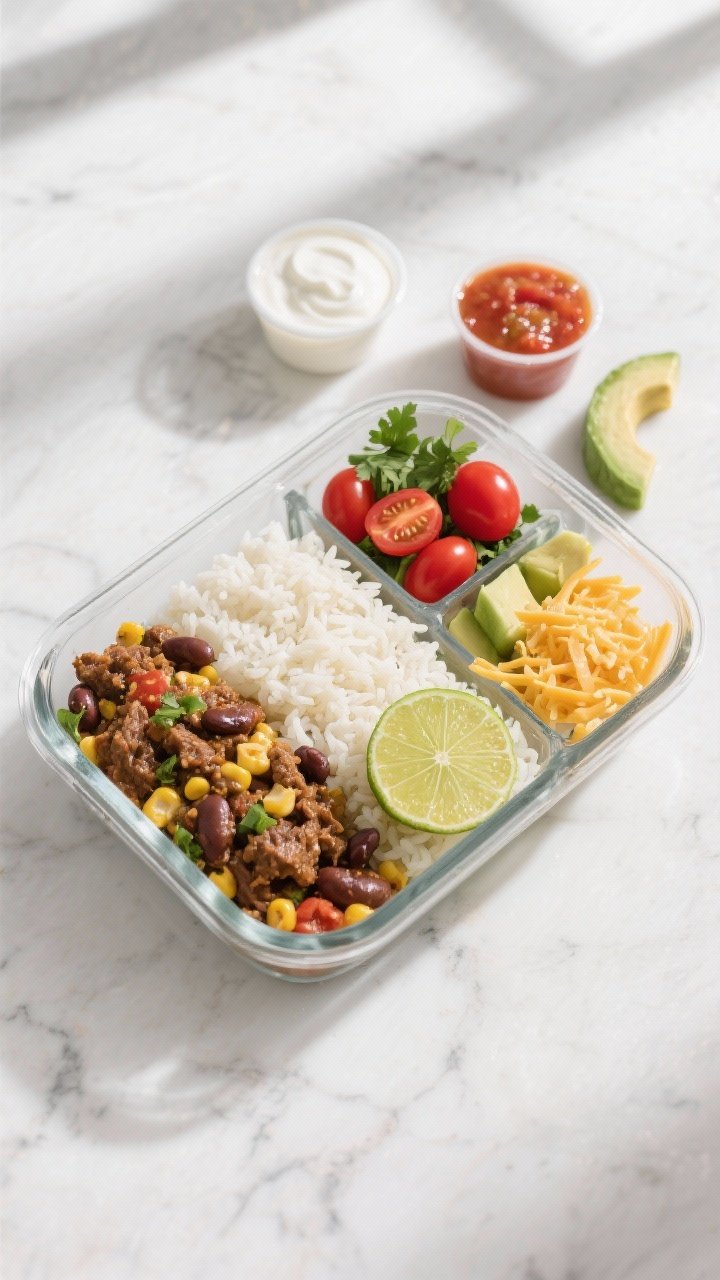 Final meal-prep bowl overhead: High Protein Beef Taco Meal Prep Bowl assembled in a clear rectangula