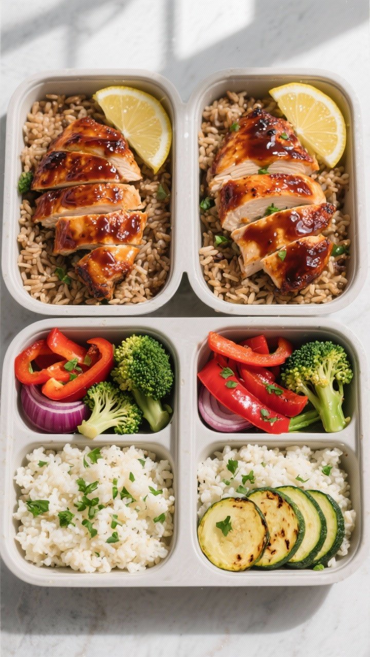 Final meal prep overhead: Tasty top view of four compartmental meal prep containers neatly assembled