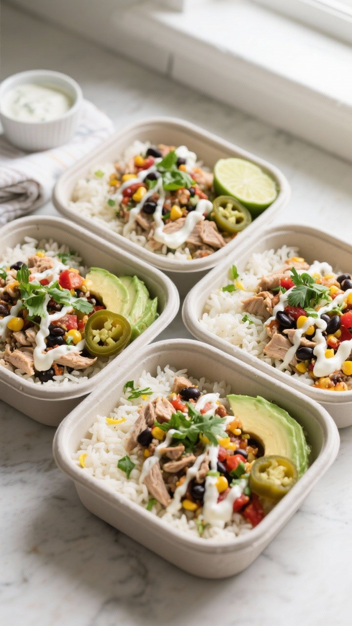 Final meal prep presentation, overhead: Tasty top-down shot of four neatly arranged meal prep contai