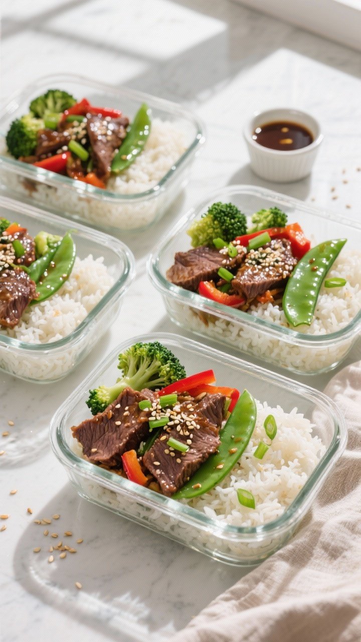 Final meal-prep, tasty top view: Overhead shot of four shallow glass meal-prep containers neatly por