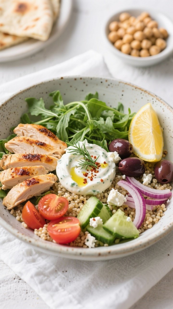 Final plated bowl — Healthy Greek Chicken Protein Plate, overhead: Vibrant top-down shot of a comp
