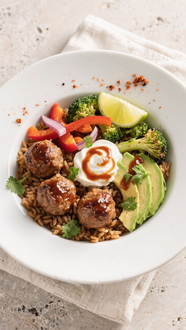 Final plated bowl, tasty top view: Overhead shot of a High Protein BBQ Turkey Meatball Bowl arranged