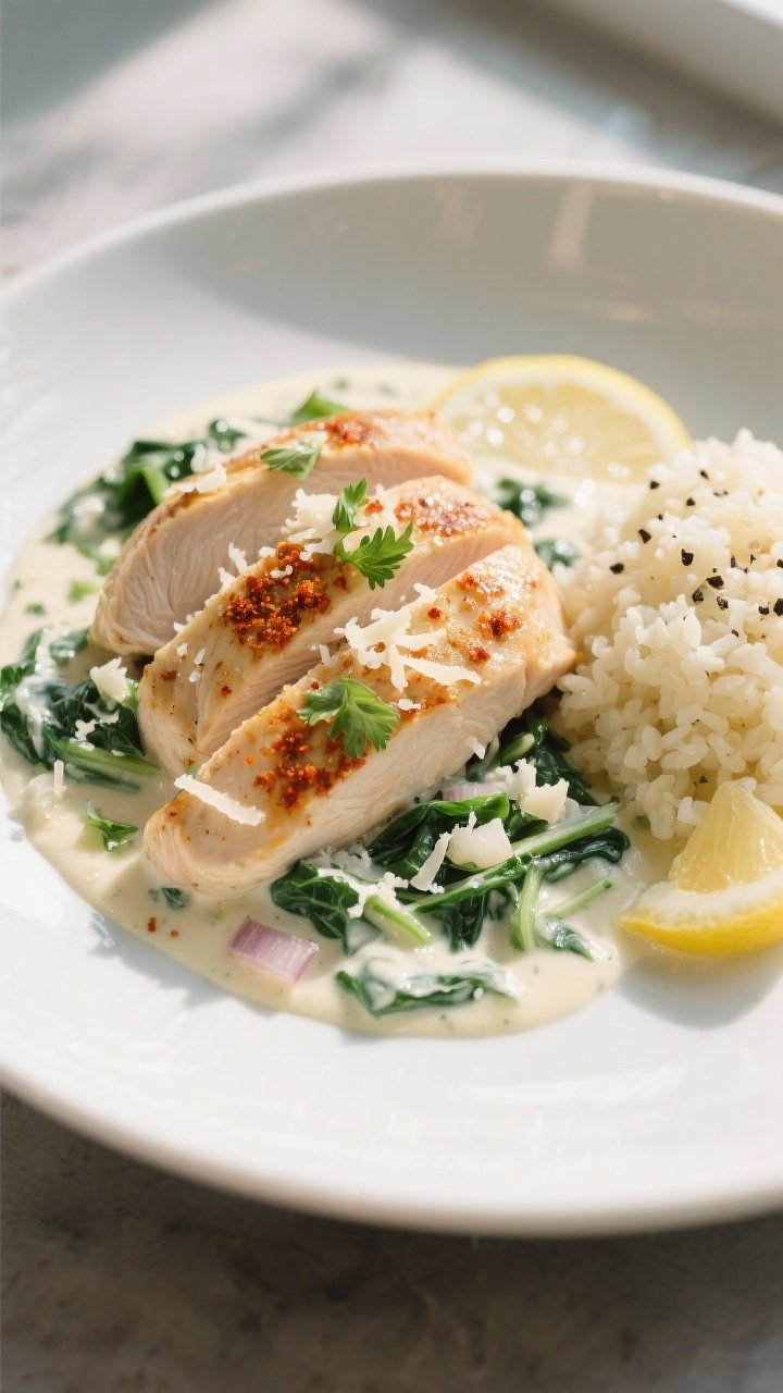Final plated close-up detail: Beautifully plated Healthy Low Calorie Creamy Spinach Chicken on a mat