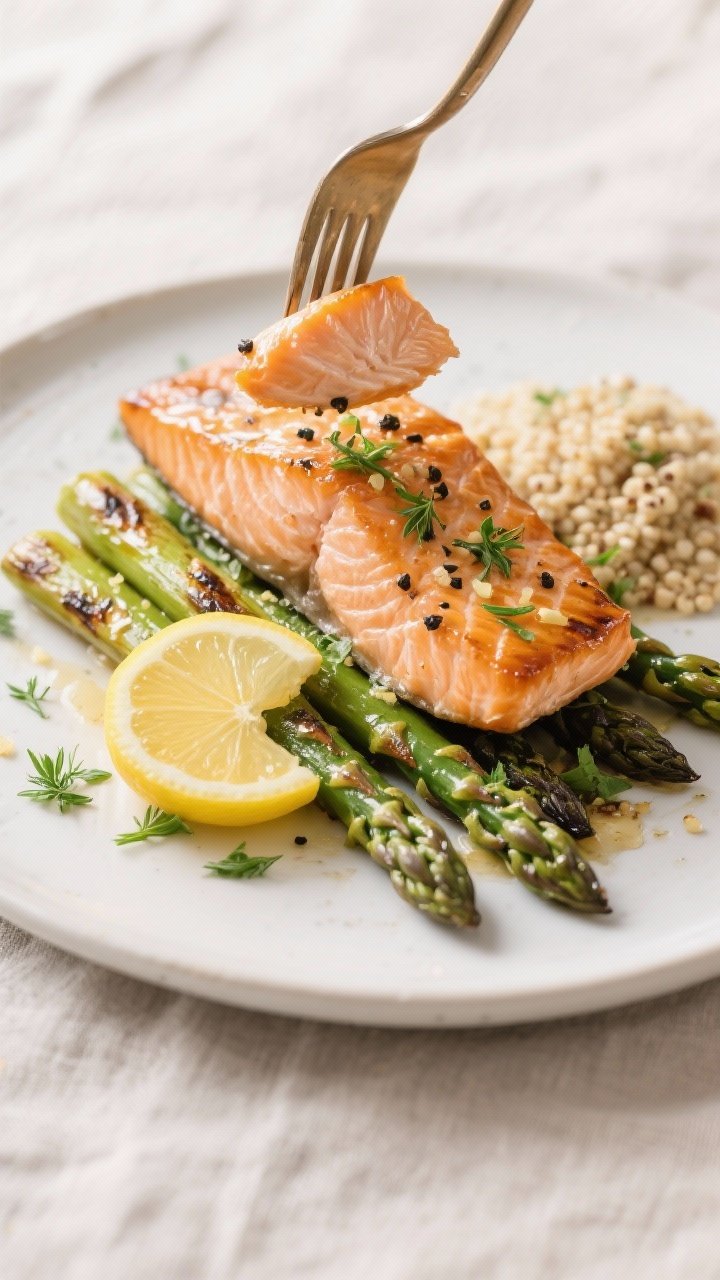 Final plated dish, close-up detail: Beautifully plated sheet pan salmon and asparagus on a matte whi