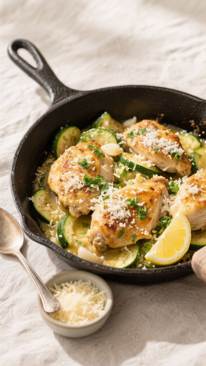 Final plated dish, overhead: Overhead shot of Garlic Parmesan Chicken & Zucchini Skillet served fami